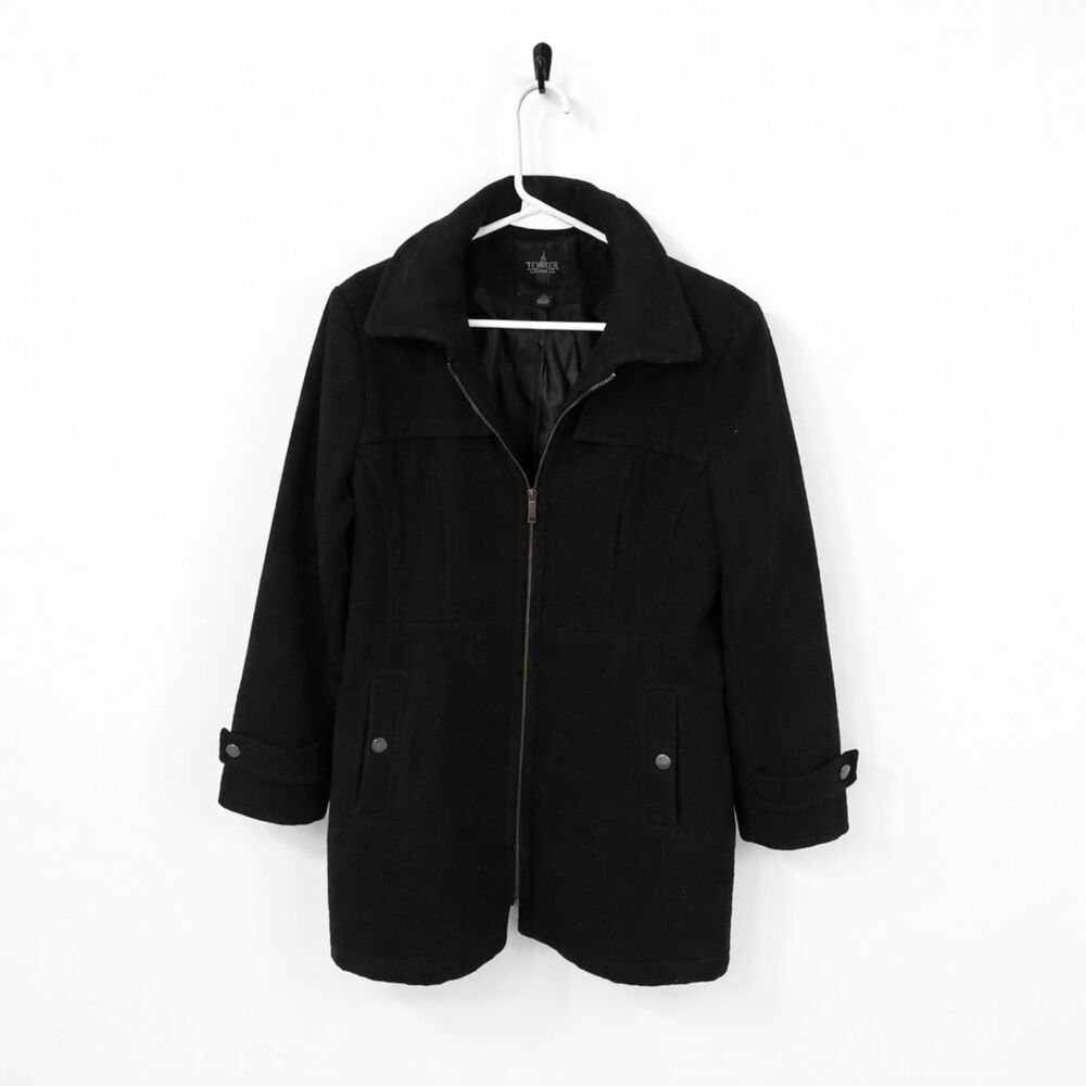 Tower by London Fog Wool Blend Zip Front Coat Black Wool Blend Womens L Preppy